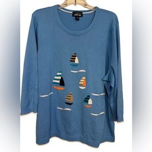 Lands' End Sweater - Sz 1X sailboat blue Crew Neck 100% supima cotton 16-18